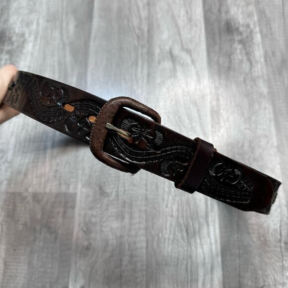 Vintage Tooled Leather Western Belt Dark Brown Size 34 Branded Geometric Mexico - Picture 7 of 7